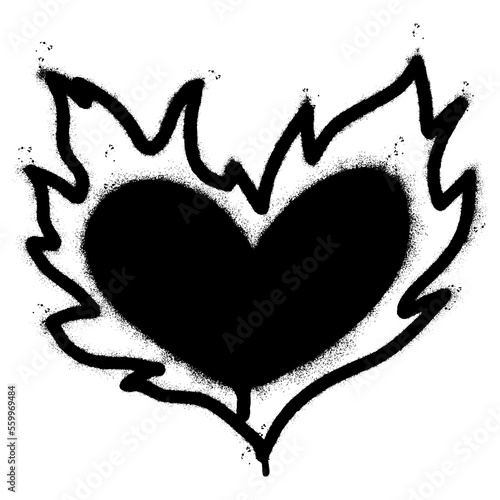Spray Painted Graffiti Heart flame icon Sprayed isolated with a white background. graffiti Love fire symbol with over spray in black over white.