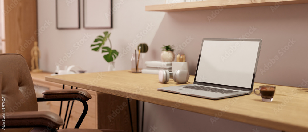 Minimal home workspace with laptop mockup and accessories on wood table Minimal home workspace with laptop mockup and accessories on wood table