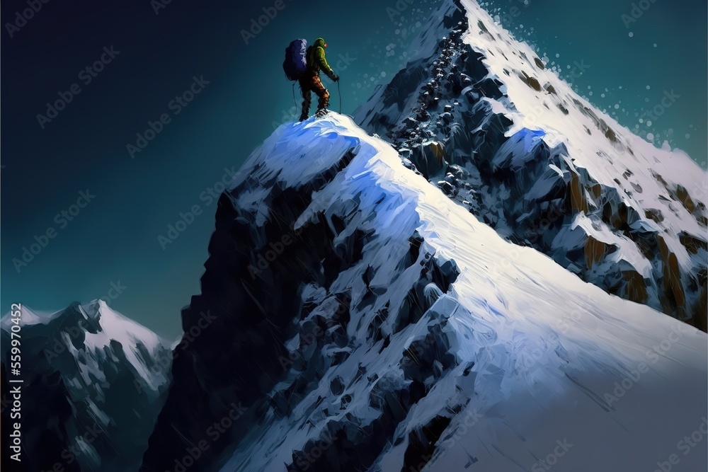 A climber climbs a snowy mountain