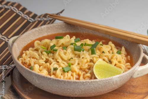 Spicy Korean instant noodles in a cup photo