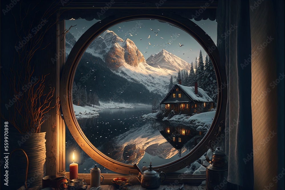 The Winter Wonderland: The View of a Snowy Landscape, Old House, and a Rising Moon Through a Window
