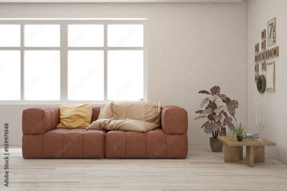 Fototapeta premium White living room with sofa. Scandinavian interior design. 3D illustration