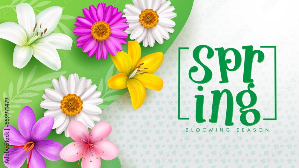 Spring flowers vector template design. Spring blooming season text with fresh and beautiful flower elements for greeting card background. Vector Illustration. 
