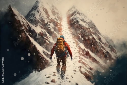 A climber climbs a snowy mountain