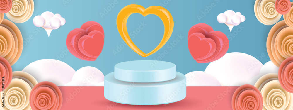 3d vector podium valentine , heart ,sky background ,render , luxury with cloud cartoon style poster love season 3d vector podium valentine , heart ,sky background ,render , luxury with cloud cartoon style poster love season