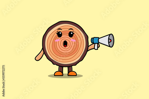 Cute Cartoon Wood trunk character speak with megaphone in 3d cartoon style concept
