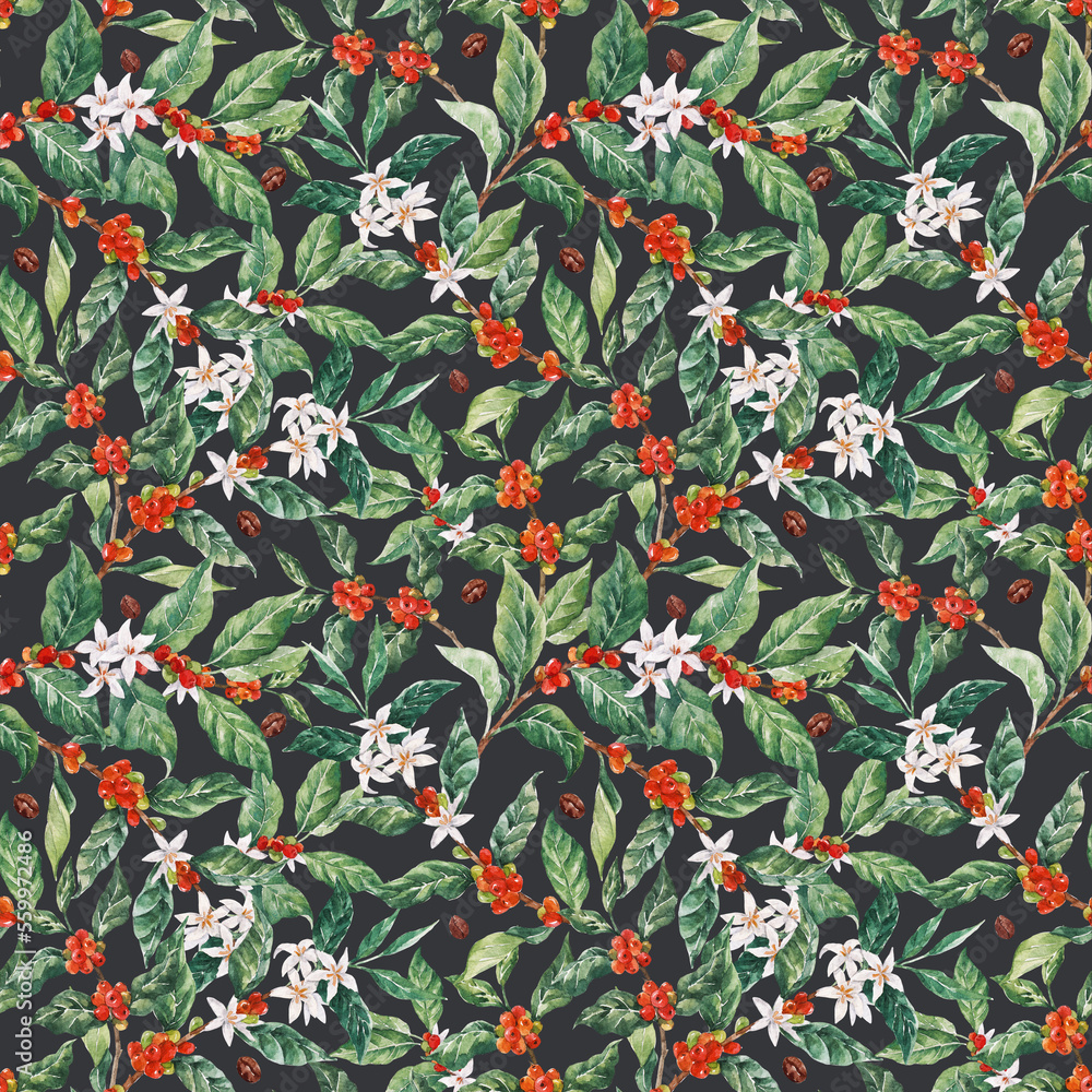 Beautiful seamless pattern with watercolor hand drawn coffee branches with white flowers green leaves and red beans. Stock illustration.