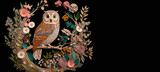 A painting of an owl sitting on a branch surrounded by flowers, Generative AI