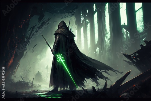 A futuristic sorcerer in a black robe with a green light weapon
