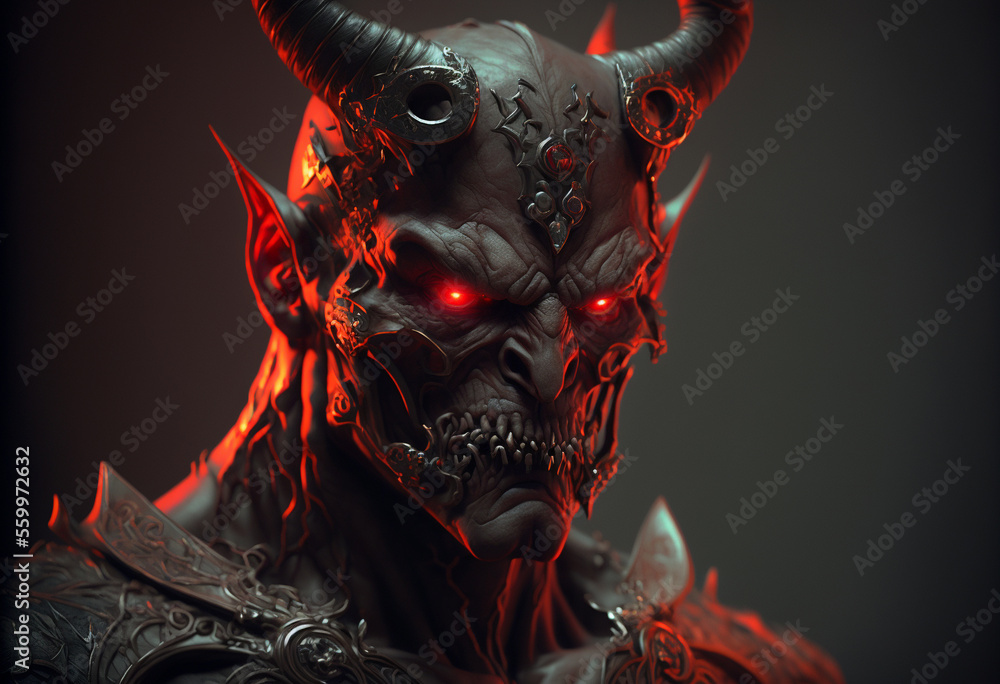 A demonic demon with red eyes and horns, Generative AI