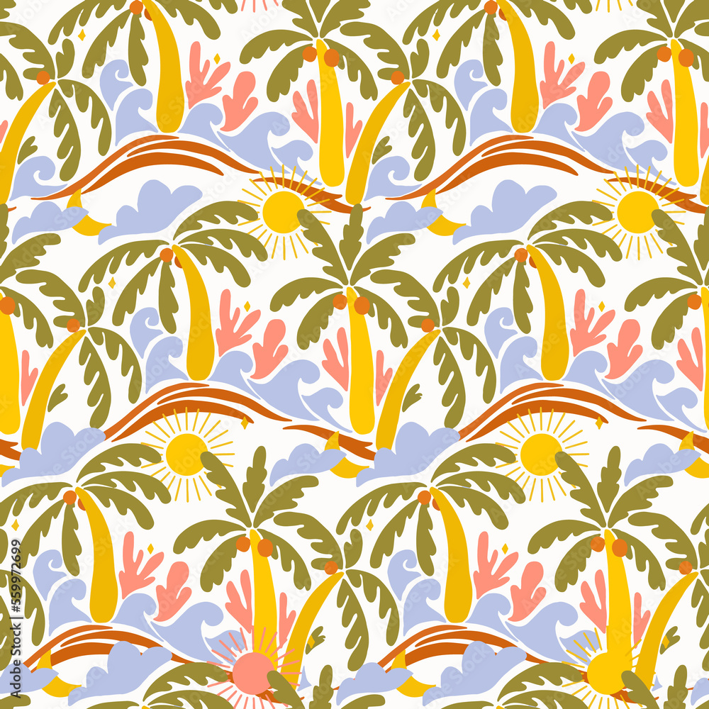 Beautiful old style 50s 70s retro floral seamless pattern with colorful palms waves sun. Stock surfing illustration.