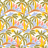 Beautiful old style 50s 70s retro floral seamless pattern with colorful palms waves sun. Stock surfing illustration.