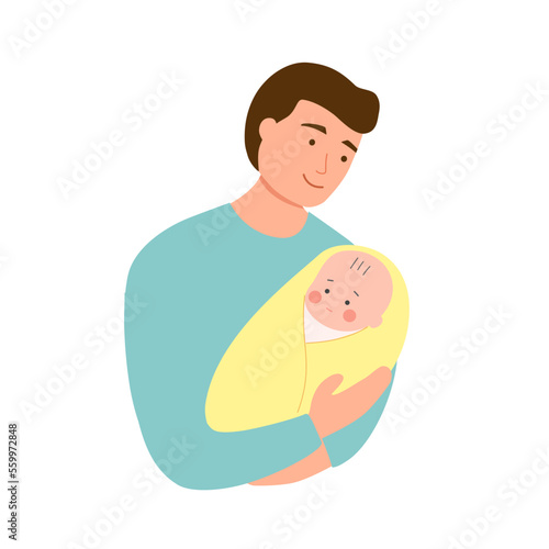 Father carrying little baby in flat design on white background. Dad and newborn baby concept vector illustration.