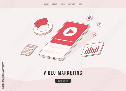 Video Marketing concept. Digital video advertising statistics illustration. Native social marketing, targeting programmatic advertising stats, online media ad strategy. Linear landing page template 
