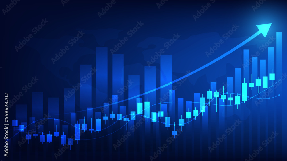 Economy and finance background concept. financial business statistics stock market candlesticks and bar chart with uptrend arrow Economy and finance background concept. financial business statistics stock market candlesticks and bar chart with uptrend arrow