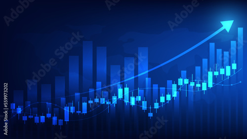 Economy and finance background concept. financial business statistics stock market candlesticks and bar chart with uptrend arrow