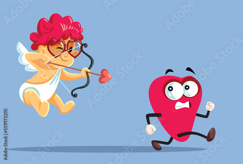 Cupid Following a Running Heart Character Vector Cartoon Illustration. Hurt single heart character scared of the matchmaking love angel
