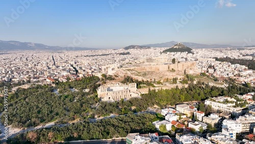 Drone flight over the Acropolis and the Philoppapos monument in Athens, Greece photo