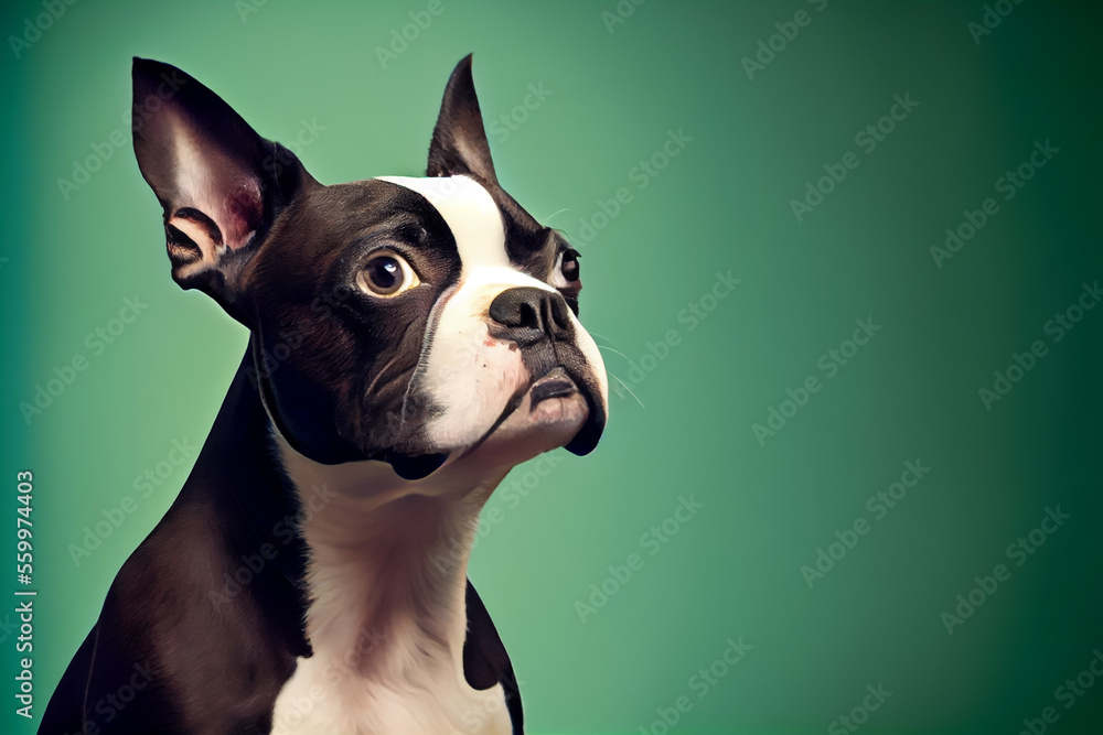 Beautiful Boston Terrier portrait in front of the green background.