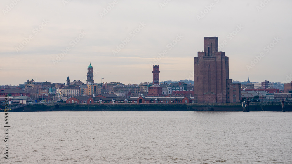 Nice view of Liverpool from the shore of River Mersey in Liverpool during winter at Liverpool , United Kingdom : 9 March 2018