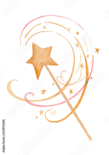 Magic wand watercolor illustration for children. Hand-drawn fairy decor.