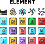 chemical science chemistry icons set vector. scientific technology, medical element, laboratory biology, medicine atom research chemical science chemistry color line illustrations