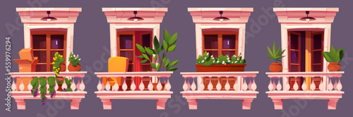 Old apartment house facade, balconies with flower pots and classic window frames, cracks and damages on gray wall, vintage outdoor lamps. Urban architecture. Neighborhood cartoon vector illustration