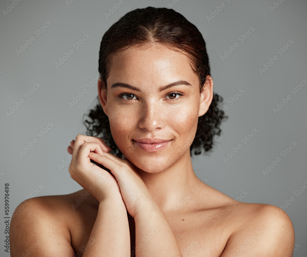 Health, natural and black woman skincare portrait for beauty cosmetic and glow treatment campaign. Healthy body care of model happy with beautiful freckles on face in gray studio background. - obrazy, fototapety, plakaty 