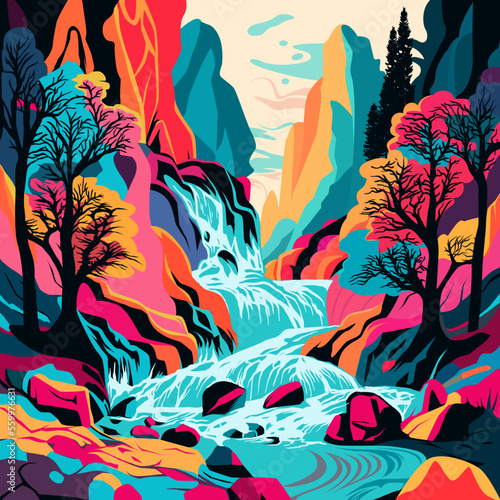 Mountain next to river with waterfall art. Nature view in psychedelic art vector illustration. Colorful background. Vector eps 10. 