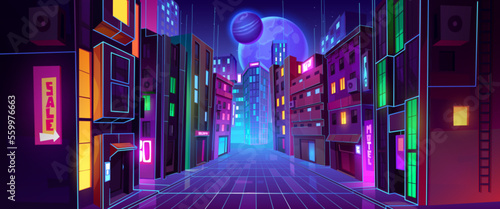 Futuristic metaverse city background with modern architecture and colorful illumination. Contemporary vector illustration of night megalopolis with skyscrapers, neon signs, alien planets in dark sky