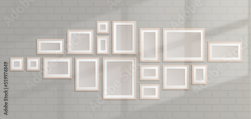 White frames collage and sunlight on brick wall. Realistic vector illustration of gallery or room interior design with rectangular and square picture or photo templates of different size. Home decor