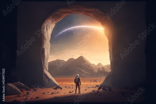 Fototapeta A guy in a spacesuit stands in front of a circular passage portal