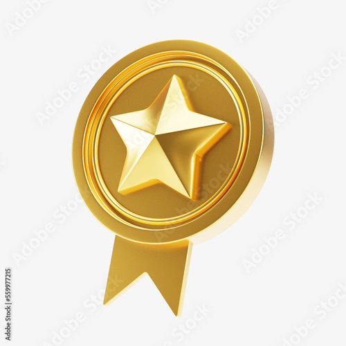 3D elegant circle gold star medal. Side gold star badge with ribbon