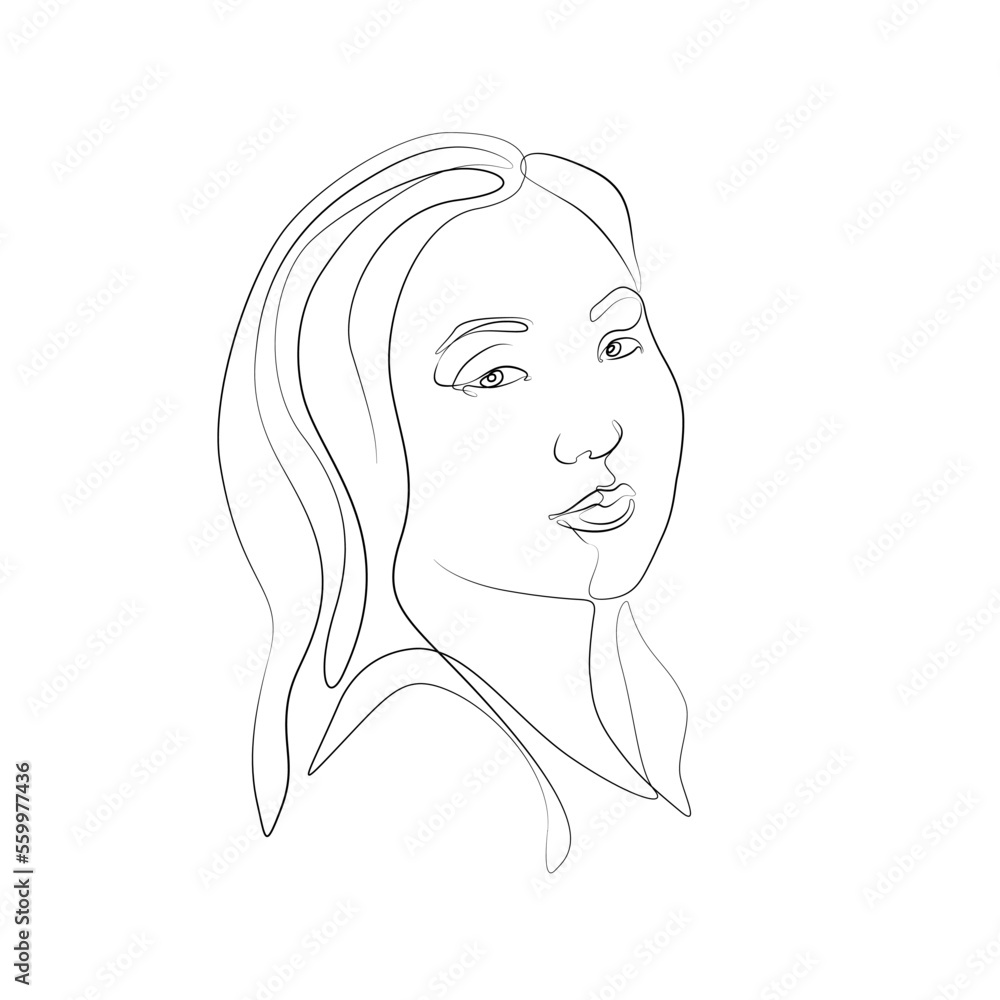 Woman abstract portrait, continuous line drawing, face of the girl is a single line on a white background,  Vector illustration. Tattoo, print and logo design for a spa or beauty salon.