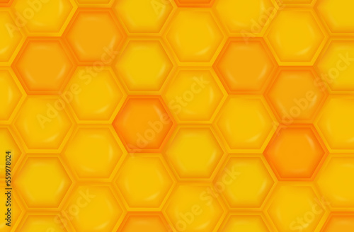 Yellow honeycombs background. Abstract pattern of hexagons built by bees. Honey sticky liquid in a frame. Modern honeycomb art. Natural geometric mosaic, honey and wax mesh. Vector illustration.