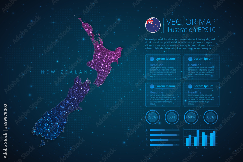 New Zealand map infographics template for diagram, graph, presentation and chart with abstract geometric mesh polygonal light concept on blue background. Vector Illustration EPS10.