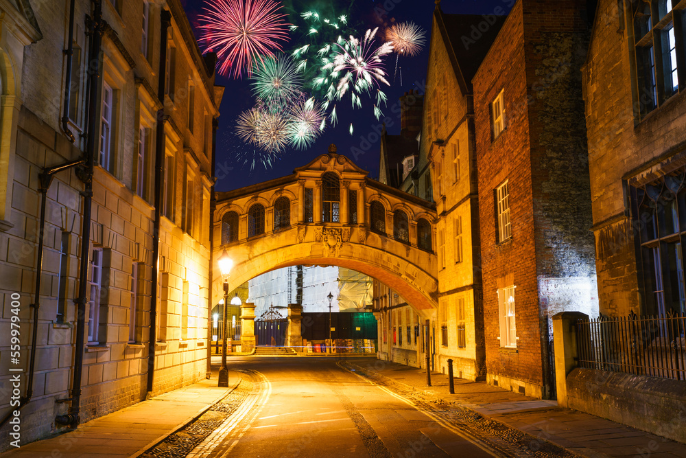 Fireworks display near Hertford Bridge known as the Bridge of Sighs in Oxford, England