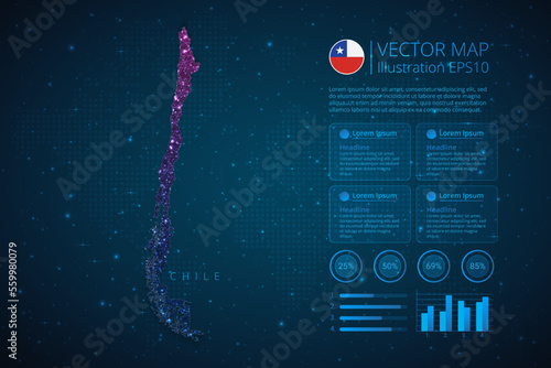 Chile map infographics template for diagram, graph, presentation and chart with abstract geometric mesh polygonal light concept on blue background. Vector Illustration EPS10.