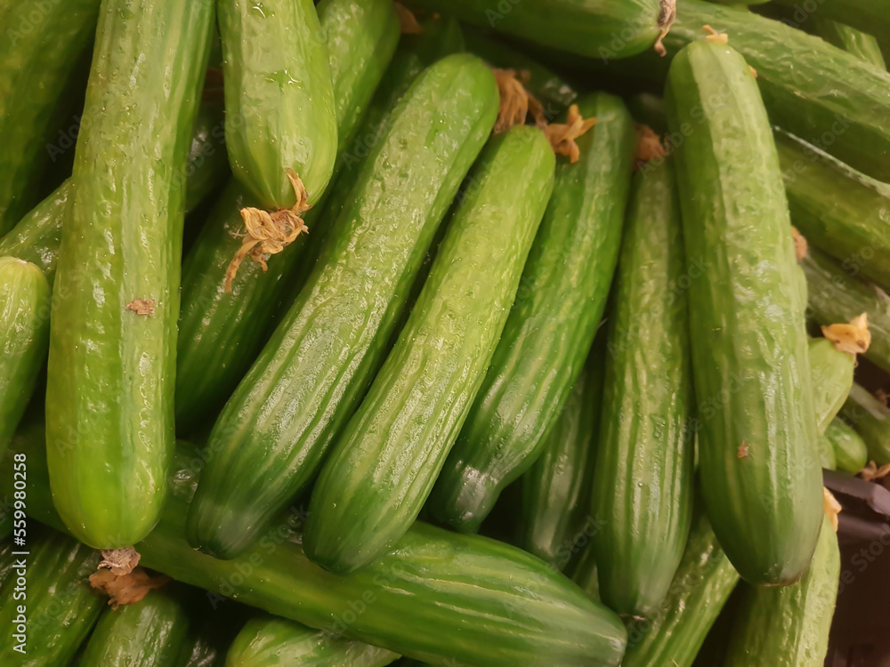 fresh cucumbers on the counter in the supermarke fresh cucumbers on the counter in the supermarke