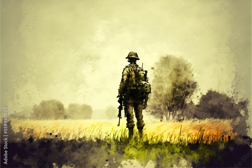 A lone soldier in the field is on duty