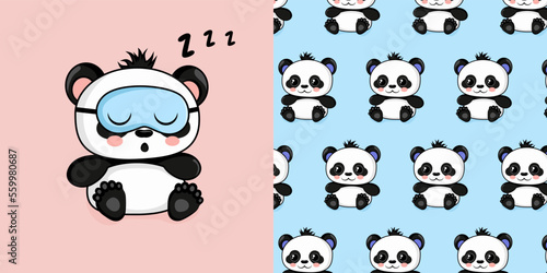 Set with cute panda in sleeping mask and seamless pattern with baby panda.