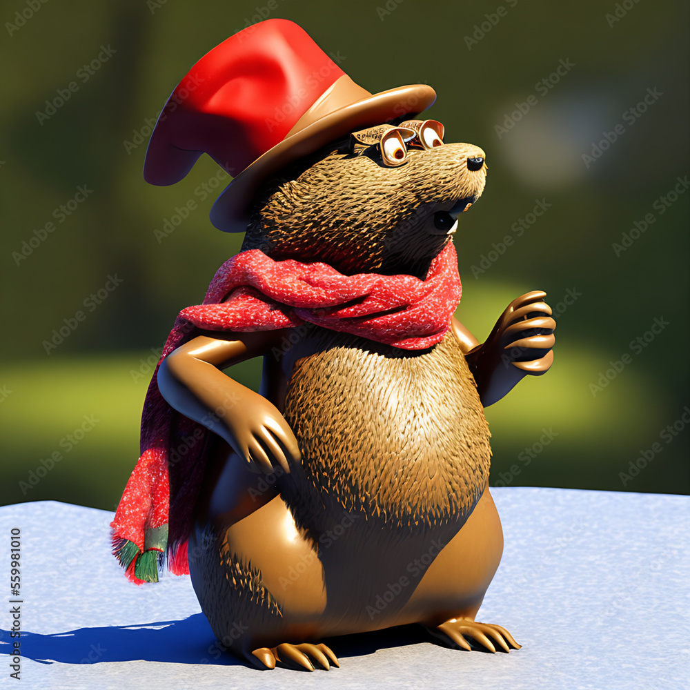 3D Anthropomorphized Groundhog , dress in red hat and scarf Generative AI
