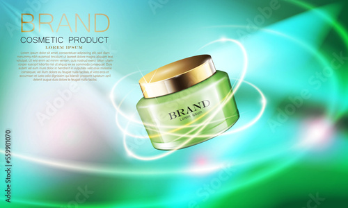 vector illustration green color realistic 3D cosmetic cream jar design template.on the glittering green color modern background,use for cosmetic ad design.