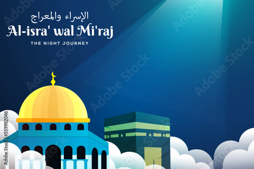 isra miraj illustration with light from sky illuminating mosque and Kaaba