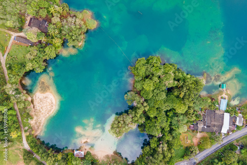 Aerial tropical landscape of Ta Teang swimming basin, Thai Mueang District, Phang-nga province, Thailand.