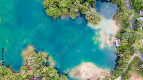 Aerial tropical landscape of Ta Teang swimming basin, Thai Mueang District, Phang-nga province, Thailand.