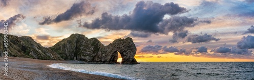 Durdle Door sunrise panorama in Dorset. England