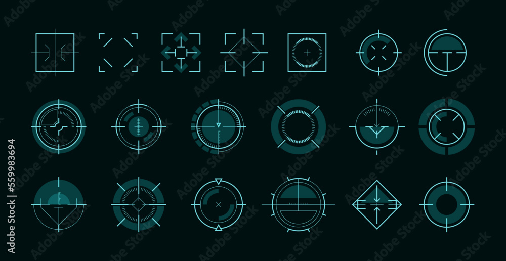 HUD aim ui. Futuristic circle target frame for game user interface, military sniper weapon sight hologram, sci-fi focus of hud ui tech, frame game circle. Vector illustration - obrazy, fototapety, plakaty 