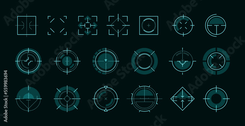 HUD aim ui. Futuristic circle target frame for game user interface, military sniper weapon sight hologram, sci-fi focus of hud ui tech, frame game circle. Vector illustration photo