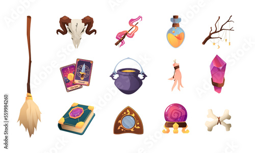 Magic elements collection. Cartoon mystic witchcraft objects, colorful witch stuff magician flask potion bottle alchemy occult symbols. Vector isolated set of witchcraft elements illustration